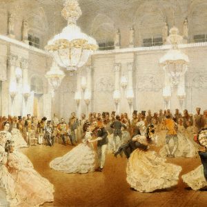 A 19th century painting of the Ballroom in the Winter Palace, St. Petersburg, Russia. Tsar Alexander II can be seen sitting in the background.